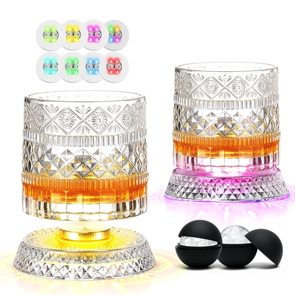 ZHOYIMIMI 360° Spinning Whiskey Glasses Set of 2, Rotating Crystal Tumblers with 8-Color LED Light Iceball Molds