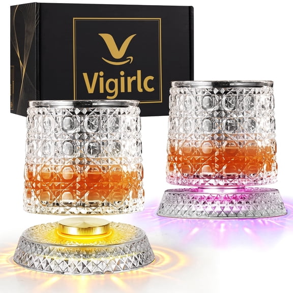 ZHOYIMIMI 360° Spinning Whiskey Glasses Set Of 2, Rotating Crystal Tumblers with 8-Color LED Light Iceball Molds
