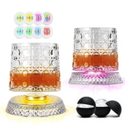 ZHOYIMIMI 360° Spinning Whiskey Glasses Set of 2, Rotating Crystal Tumblers with 8-Color LED Light Iceball Molds