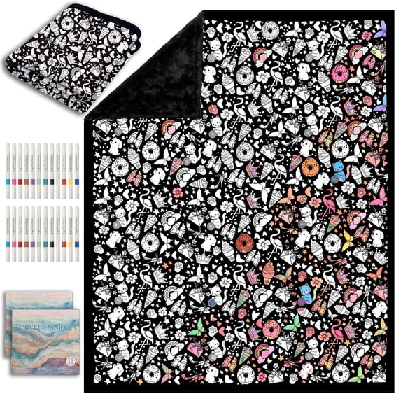 ZHOYIMIMI Diy Coloring Blanket with 24 Markers,50" x 60" Soft Cozy Bedroom Decor Blankets for Gifts & Holidays (Animal)