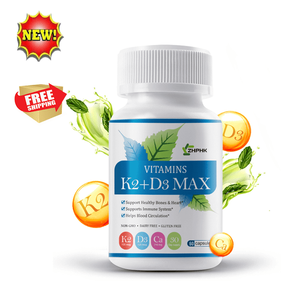ZHPHK Vitamin D3(5000IU) & K2(100mcg) Capsules Daily Supplement Supports Immune Function Wellness 60 Tablets