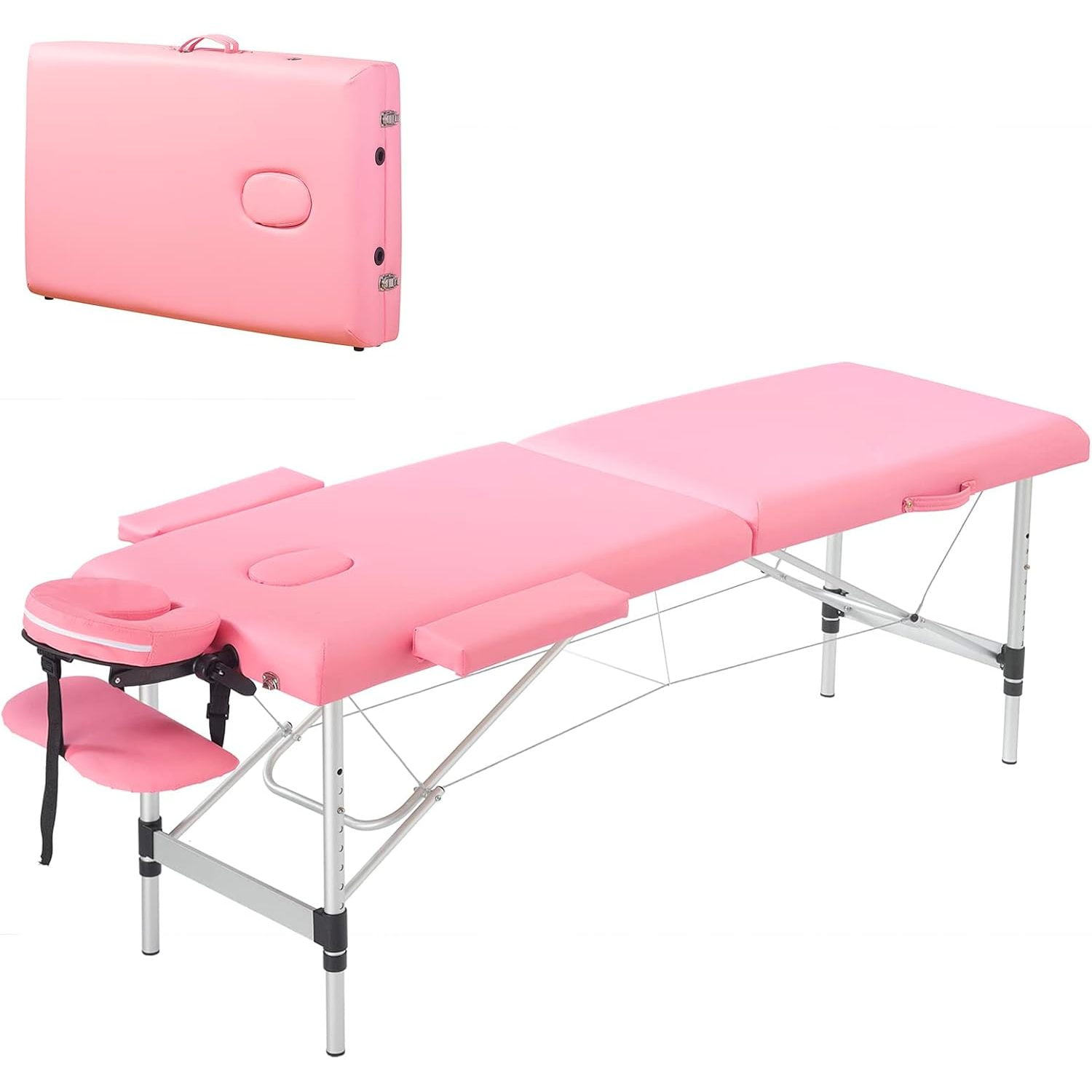ZHSF Pink Massage Table Portable - 2 Folding Aluminum Lash Bed with Carrying Case & Face Cradle for Eyelash Extensions, Spa, Facial, Hight Adjustable Tatto Table, 84" x 32"
