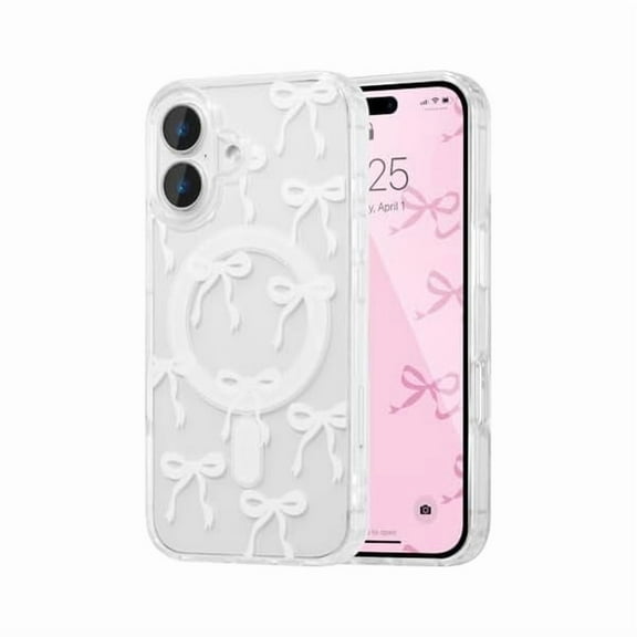 ZHU997 Magnetic for iPhone 17 Case, Bow Case Compatible with MagSafe, Wireless Slim Clear Ribbon Aesthetic Phone Cover Anti-Yellowing Shockproof Protective Cover for Women Girl - White