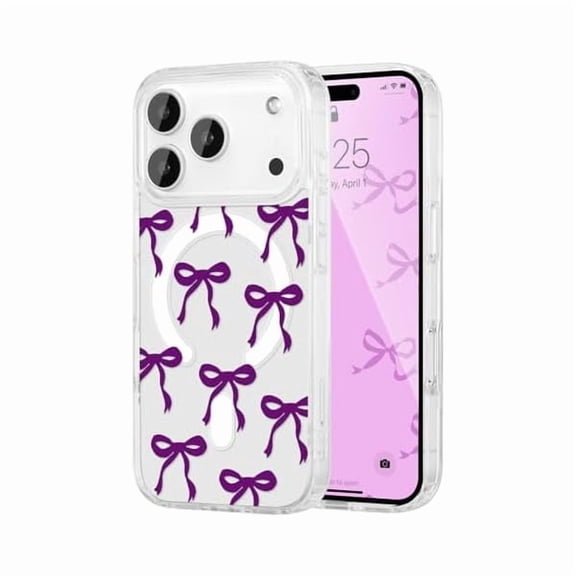 ZHU997 Magnetic for iPhone 17 Pro Case, Bow Case Compatible with MagSafe, Wireless Slim Clear Ribbon Aesthetic Phone Cover Anti-Yellowing Shockproof Protective Cover for Women Girl - Purple