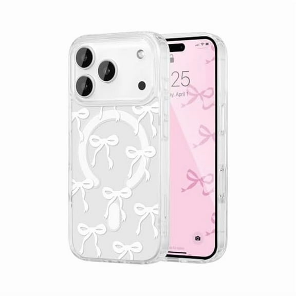 ZHU997 Magnetic for iPhone 17 Pro Max Case, Bow Case Compatible with MagSafe, Wireless Slim Clear Ribbon Aesthetic Phone Cover Anti-Yellowing Shockproof Protective Cover for Women Girl - White