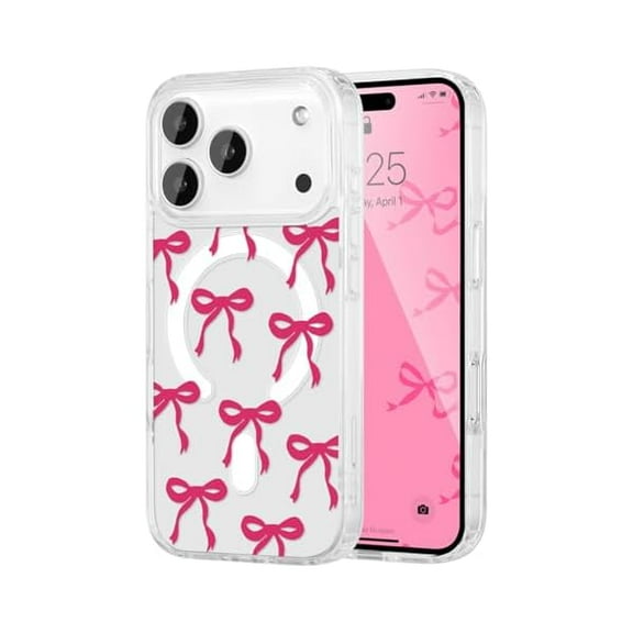 ZHU997 Magnetic for iPhone 17 Pro Max Case, Bow Case Compatible with MagSafe, Wireless Slim Clear Ribbon Aesthetic Phone Cover Anti-Yellowing Shockproof Protective Cover for Women Girl - Hot Pink