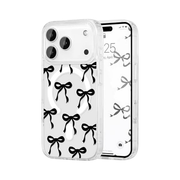 ZHU997 Magnetic for iPhone 17 Pro Max Case, Bow Case Compatible with MagSafe, Wireless Slim Clear Ribbon Aesthetic Phone Cover Anti-Yellowing Shockproof Protective Cover for Women Girl - Black