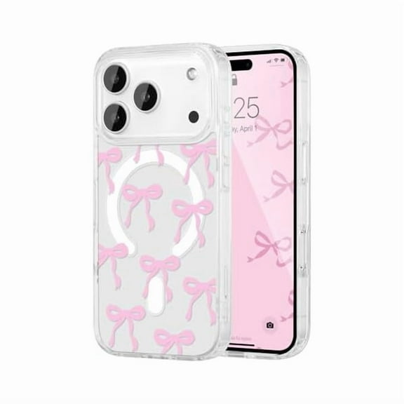 ZHU997 Magnetic for iPhone 17 Pro Max Case, Bow Case Compatible with MagSafe, Wireless Slim Clear Ribbon Aesthetic Phone Cover Anti-Yellowing Shockproof Protective Cover for Women Girl - Pink