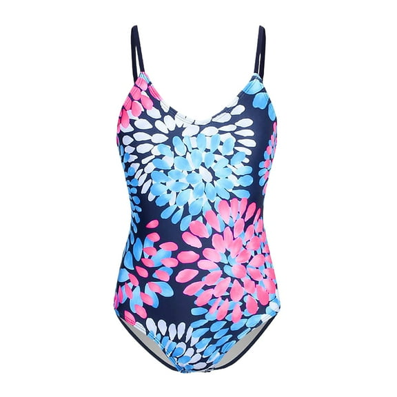 ZHUASHUM 1 Piece Swimsuit For Girls Daisy Prints Colorful Round Neck Sleeveless Beach Sport Surf Beach Wearnavy,Size11-12 Years