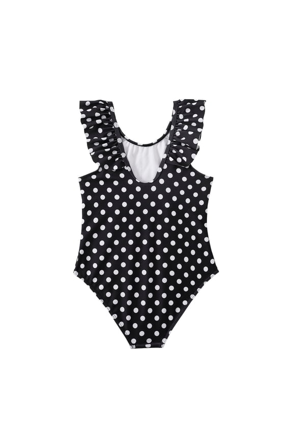 1Piece Ruffles Swimwear Outfits Hollow Bikini Summer Girls Dot Print Ruffle Hem Swimsuitblack,Size7-8 Years