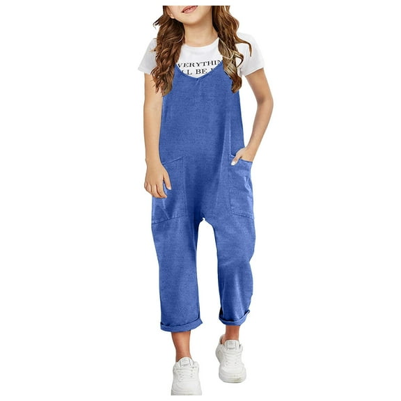 ZHUASHUM Baby Boy Clothes Casual Sleeveless Jumpsuits Spaghetti Strap Loose Overalls Rompers Long Pants With Pocket 1 Piece Overalls 8-9 Years Blue