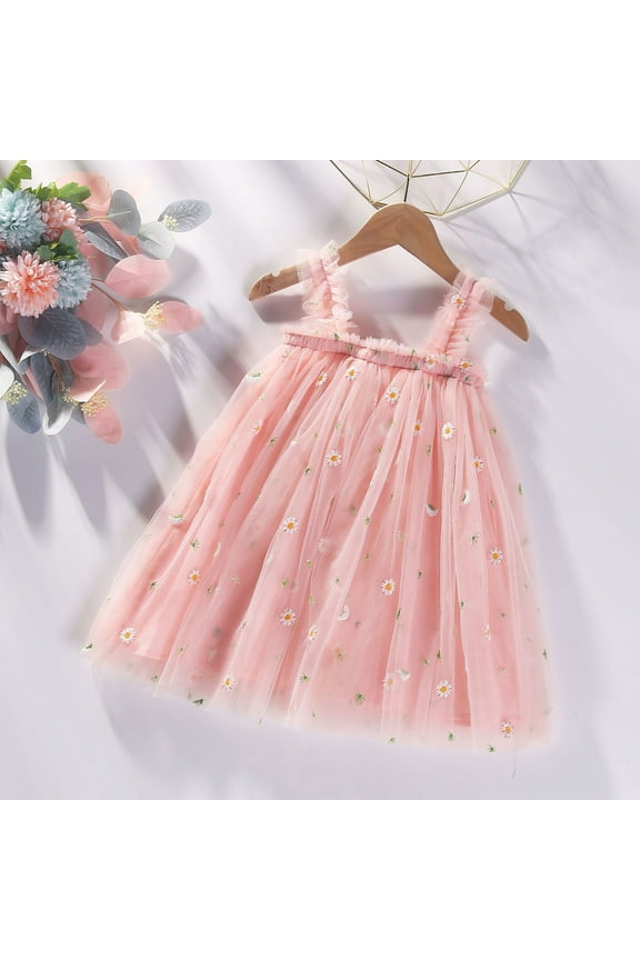 Baby Dress For Girls Spring And Summer Toddler Sleeveless Floral Dresses Beach Casual Birthday Skirts Party Daisy Prints Princess Summer Tulle Beach Layered Dresses,4-5 Years Pink