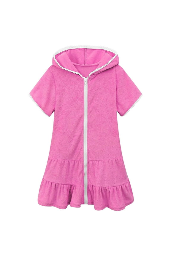 Baby Dress Short Sleeve Little Swim Cover Up Swimsuit Coverup Zip Up Beach Bathing Suit Hooded Bathrobe Absorbent Terrys Beach Dress Hot Pink 10-11 Years