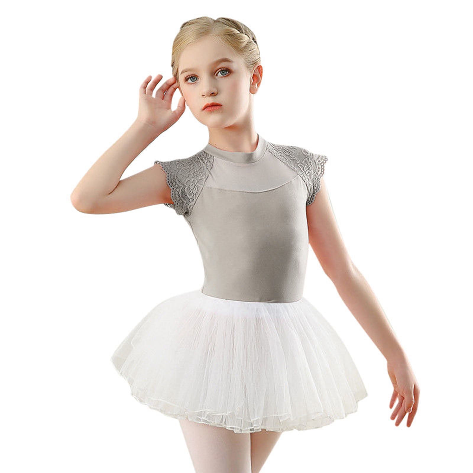 ZHUASHUM Baby Girl Outfits Kid Ballet Dance Dress Lace Short Sleeve Leotards With Removable Tutu Skirt Cute Girl Clothes Set Grey 7-8 Years