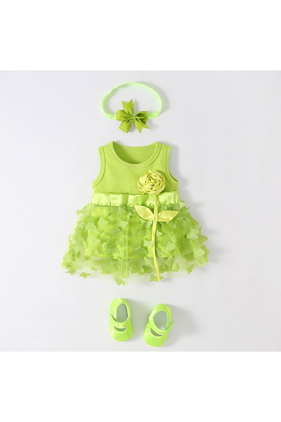 Baby Girls Spring Summer Print Ruffle Sleeveless Princess Dress Shoes Headbands 3Pc Clothing Green,3-6 Months