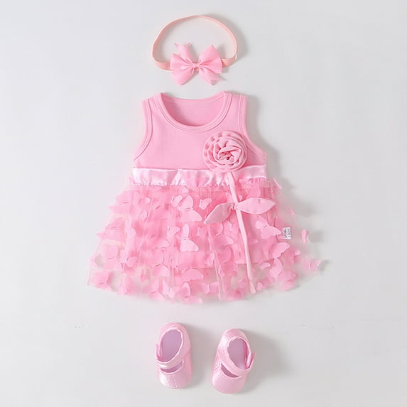 ZHUASHUM Baby Girls Spring Summer Print Ruffle Sleeveless Princess Dress Shoes Headbands 3Pc Clothing Pink,12-18 Months