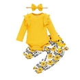 thumbnail image 1 of ZHUASHUM Baby Outfits For Boys Girls Long Sleeve Solid Ribbed Romper Tops Flower Print Pants With Headbands Outfit Set Clothes 3Pcs Yellow,18-24 Months, 1 of 4