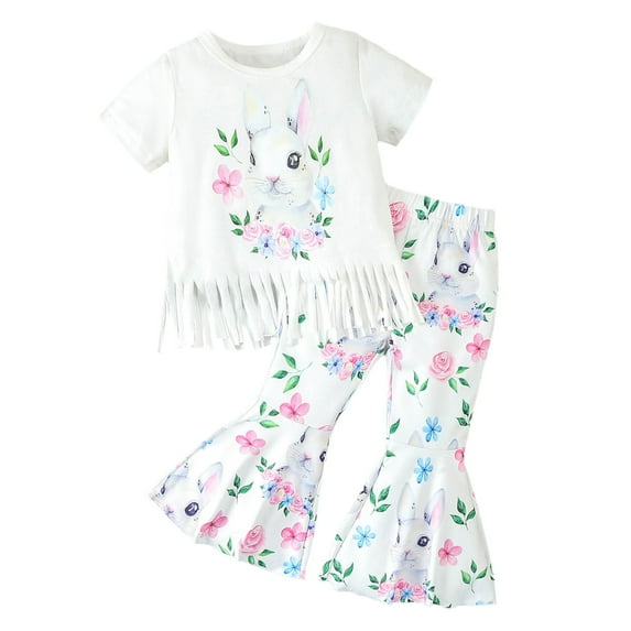 ZHUASHUM Baby Outfits For Boys Girls Toddler Summer Short Sleeve Children Clothes Easter Cartoon Prints Tops And Pants 2Pcs Outfits Set White,12-18 Months