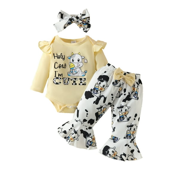 ZHUASHUM Baby Outfits For Boys Girls Long Sleeve Romper Bodysuit Cartoon Dairy Cow Prints Bell Bottoms Pants Outfits Beige,3-6 Months