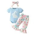 thumbnail image 1 of ZHUASHUM Baby Outfits For Boys Girls Short Sleeve Easter Rabbit Prints Romper Bodysuit Bell Bottoms Pants Outfits Blue,12-18 Months, 1 of 7