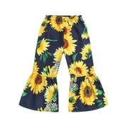 ZHUASHUM Baby Pants For Girls Flower Print Straight Leg Trousers Relax Fit Flare Pants Sweartpants Kid Clothes Dark Blue 18-24 Months