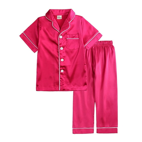 ZHUASHUM Babys Boys Girl Pajamas Little Pajamas Set Satin Silk Short Sleeves Sleepwear 2 Piece Button Down Classic Loungewear Pants Hot Pink,Size:2-3 Years