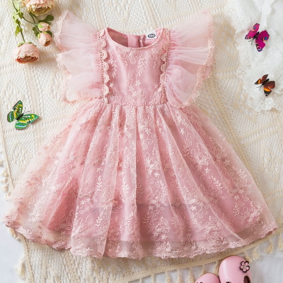 ZHUASHUM Child Girls Tulle Pageant Dress Party Bowknot Fly Sleeve Lace Embroidery Wear Gown Dresses Pink,5-6 Years