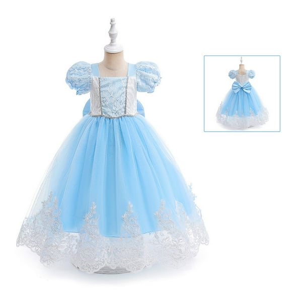 ZHUASHUM Children Girls Party Dress Bubble Sleeve Bow Lace Patchwork Mesh Poplin Princess Dress Performance Light Blue,3-4 Years