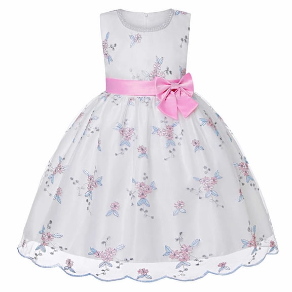 ZHUASHUM Embroidered Bowknot Dress Mesh Princess Tutu Girls Dress Little Girls Summer Embroidered Mesh Princess Pageant Dress 3-4 Years
