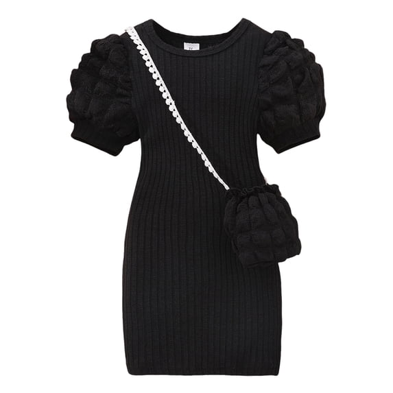 ZHUASHUM Flower Girl Dress Children Short Sleeve Prints Dance Party Dresses Clothes Black 6-7 Years