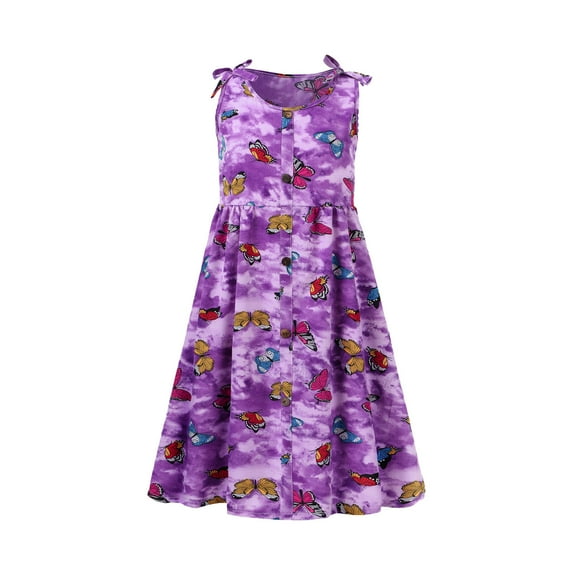 ZHUASHUM Girl Dress Cute Casual Dress Summer Scoop Neck Sleeveless Butterflies Flowy Print Plain Sundress Beach Princess Dress ,10-12 Years