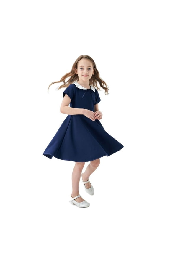 Girl Dress Cute Toddler Solid Color Round Neck Fashionable Spring Summer Print Short Sleeve Dress Navy,2-3 Years