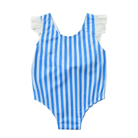 ZHUASHUM Girl Swimwear Kids Striped Sleeveless V-Neck Halter One-Piece Swimsuit Baby Bikini Toddler Girls Beachwearblue,Size6-12 Months