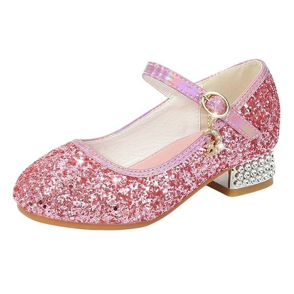 ZHUASHUM Girls Sandals Toddler Little Kid Dress Pumps Glitter Sequins Princess Low Heels Party Dance Shoes Rhinestone Sandals Pink,4-4.5 Years