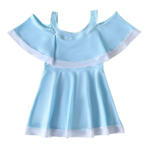 ZHUASHUM Kid Swimwear For Girls Solid Color Round Neck Swimsuit 1 Piece With Chest Pad Dress Swimwear Bathing Suit Light Blue 14-16 Years