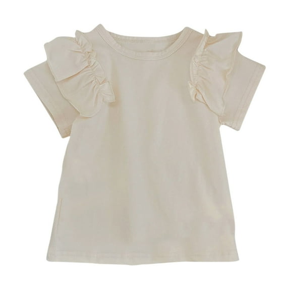 ZHUASHUM Girls Tops Solid Color T Shirts Summer Round Neck Short Sleeve Tees Trend Holiday Adorable Clothes 5-6 Years Beige