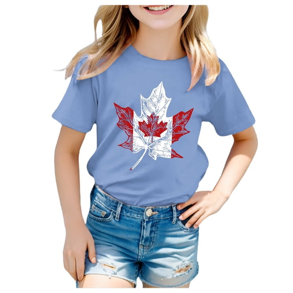 ZHUASHUM Girls Tops Summer Round Neck Short Sleeve T Shirts Flag Prints Basic Tees Sports Tops For Girls 3-4 Years Light Blue