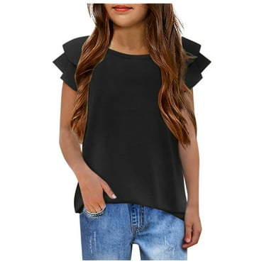 ZHUASHUM Girls Tops Summer Round Neck Short Sleeve T Shirts Solid Color Simple Style Tees Holiday Basic Blouse 7-8 Years Black