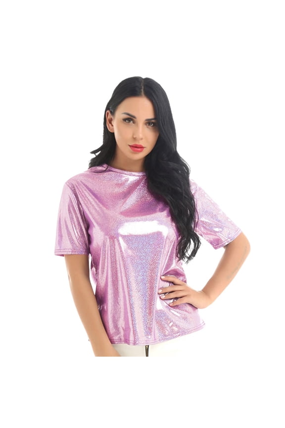 Going Out Tops For Women Round Neck Shiny Glossy Solid Color Turtleneck Short Sleeve Tee Shirt Top Ladies T Shirt And Blouses Pink L
