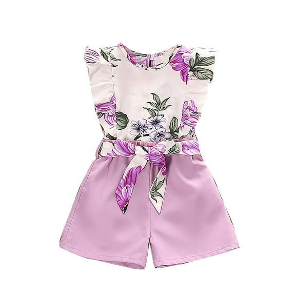 ZHUASHUM Gril Outfits Flowers Prints Sleeveless Top Elastic Solid Color Short Daily Wear 5-6 Years