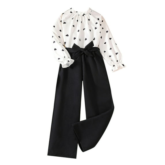 ZHUASHUM Gril Outfits Solid Color Heart Print Round Neck Flying Sleeve Top And Wide Leg Relax Fit Casual Pants Daily Wear White 11-12 Years