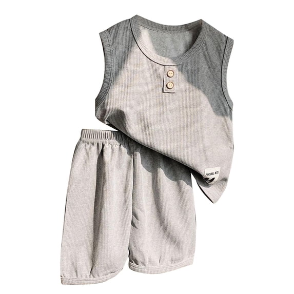ZHUASHUM Gril Outfits Solid Color Round Neck Sleeveless Tank Top Casual Shorts Daily Wear Grey 5-6 Years