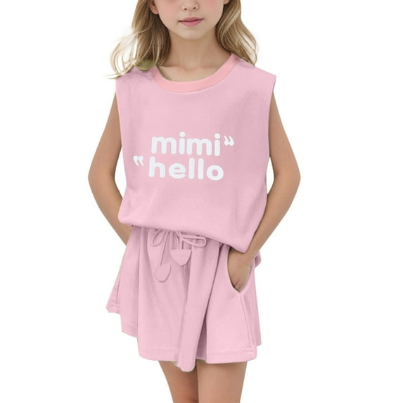 ZHUASHUM Gril Outfits Solid Color Sleeveless Round Neck Letter Prints Tops And Wide Leg Shorts With Pockets Daily Wear Pink 7-8 Years