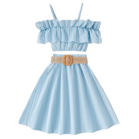 ZHUASHUM Gril Outfits Toddler Sleeveless Solid Color Ruffles Tops Skirt With Belt Daily Wear Blue 8-9 Years