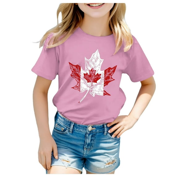 ZHUASHUM Kid Clothes For Girls Flag Prints Round Neck Short Sleeve Tees Summer Simple Style T Shirts Casual Cute Shirts 12-13 Years Hot Pink