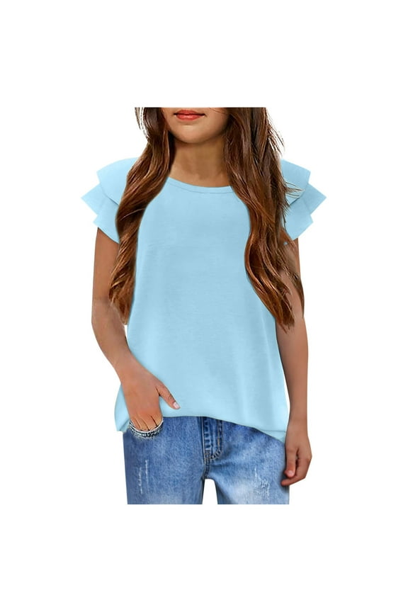 Kid Clothes For Girls Short Sleeve Round Neck T Shirts Solid Color Sweet Tees Summer Casual Cute Shirts 5-6 Years Light Blue