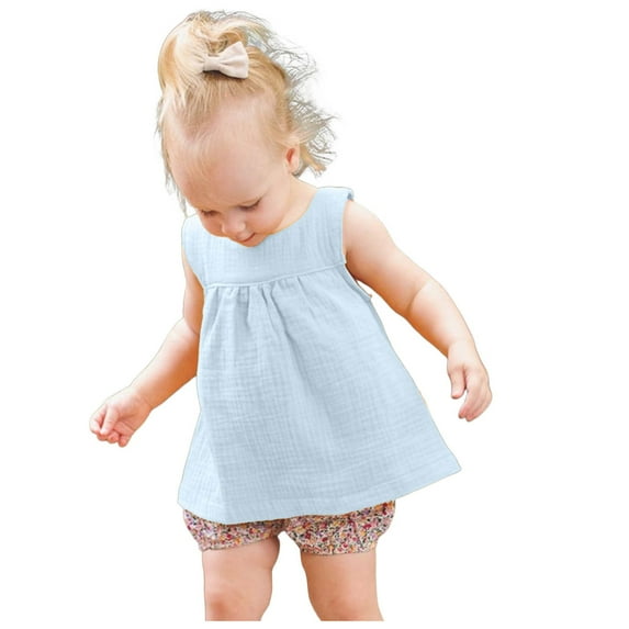 ZHUASHUM Kid Clothes For Girls Solid Color T Shirts Round Neck Sleeveless Tees Simple Style Summer Holiday Daily Tops 3-6 Months Blue