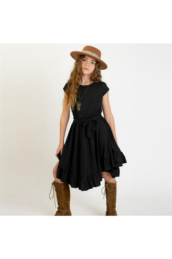 Kid Dress For Girl Cute Spring And Summer Sleeveless Dresses Solid Color Round Neck Party Vintage Rockabilly Clothes Retro A-Line Dresses,7-8 Years Black