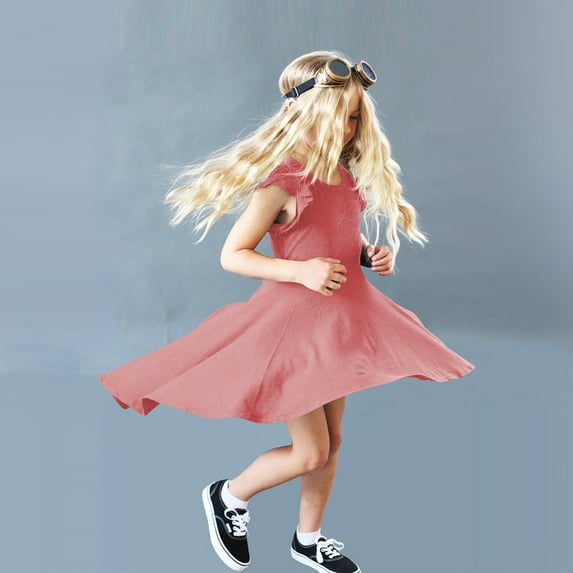 ZHUASHUM Kid Dress For Girl Cute Spring And Summer Solid Color Sleeveless Rockabilly Girls Swing Clothes Irregular Party Retro Vintage Little Girls Round Neck Dresses,7-8 Years Pink