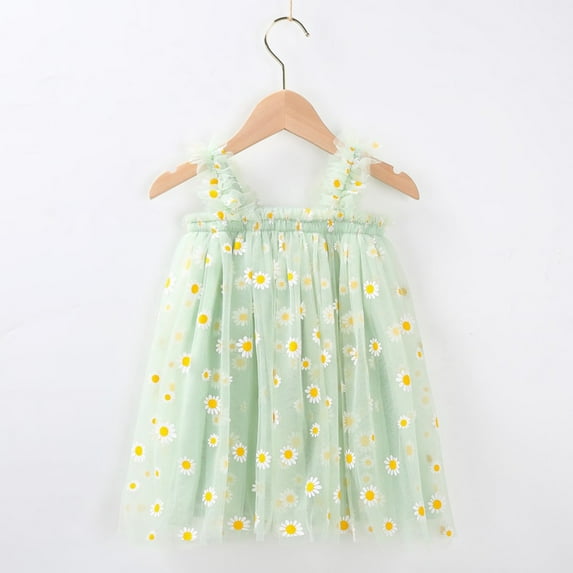 ZHUASHUM Kid Dress For Girl Spring And Summer Sleeveless Beach Floral Layered Birthday Dresses Summer Beach Daisy Prints Party Princess Toddler Tulle Casual Skirts,18-24 Months Green